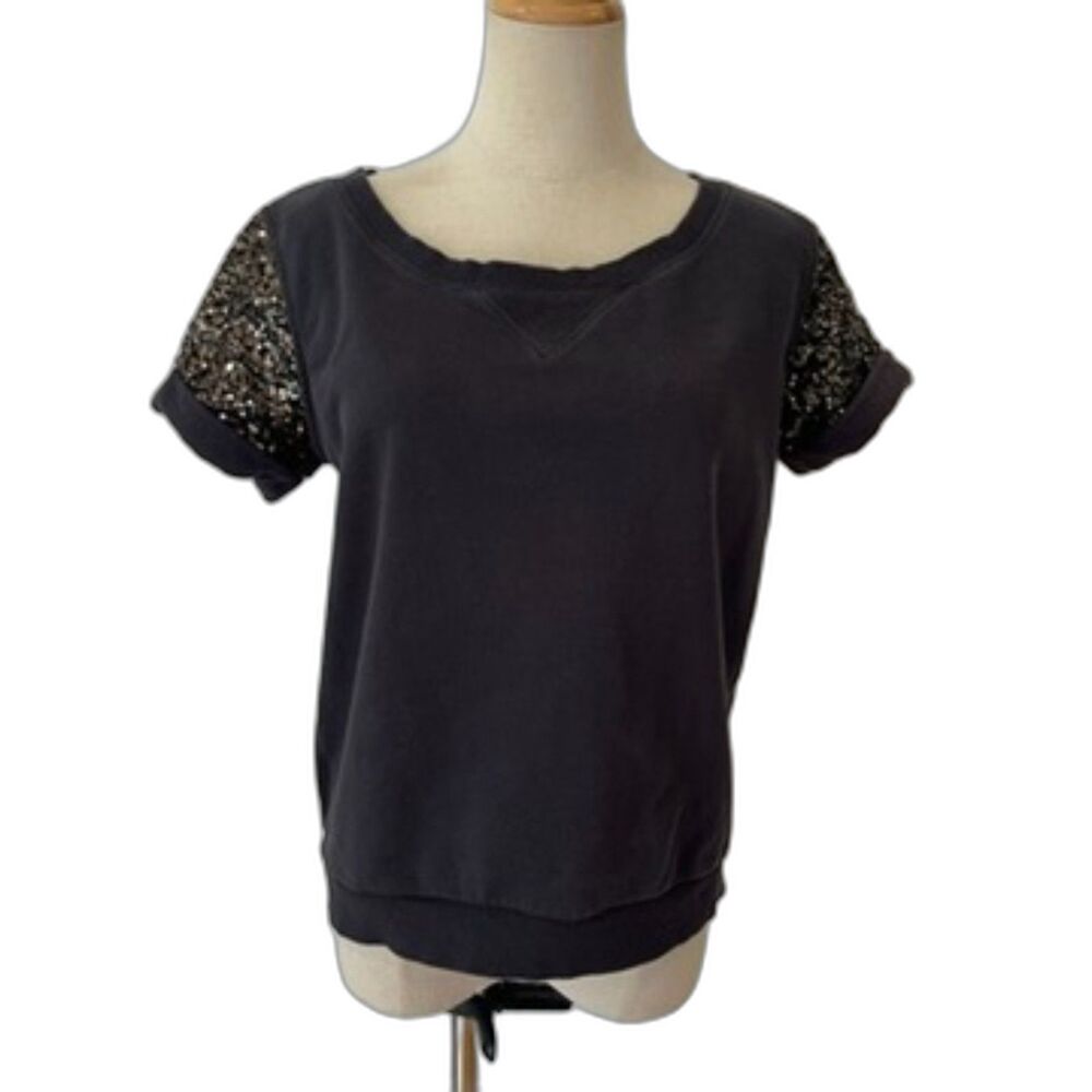 Maison Scotch & Soda Black Sweatshirt Short Sleeves Sequins Back Buttons Size 1 - Picture 4 of 13